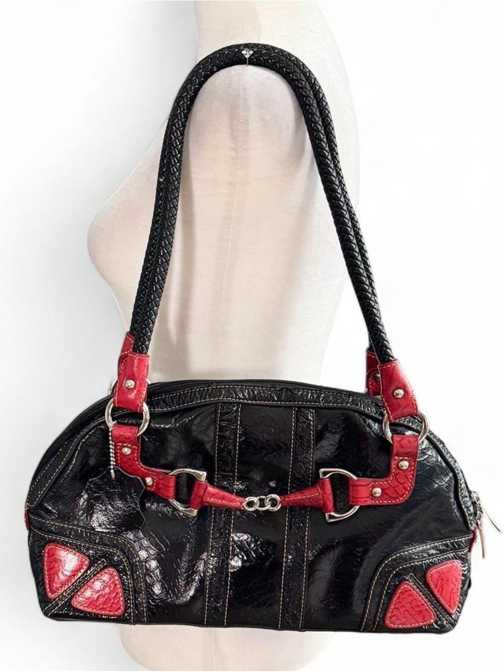 Marc Chantal Vintage Y2K Black & Red Faux Leather Shoulder Bag